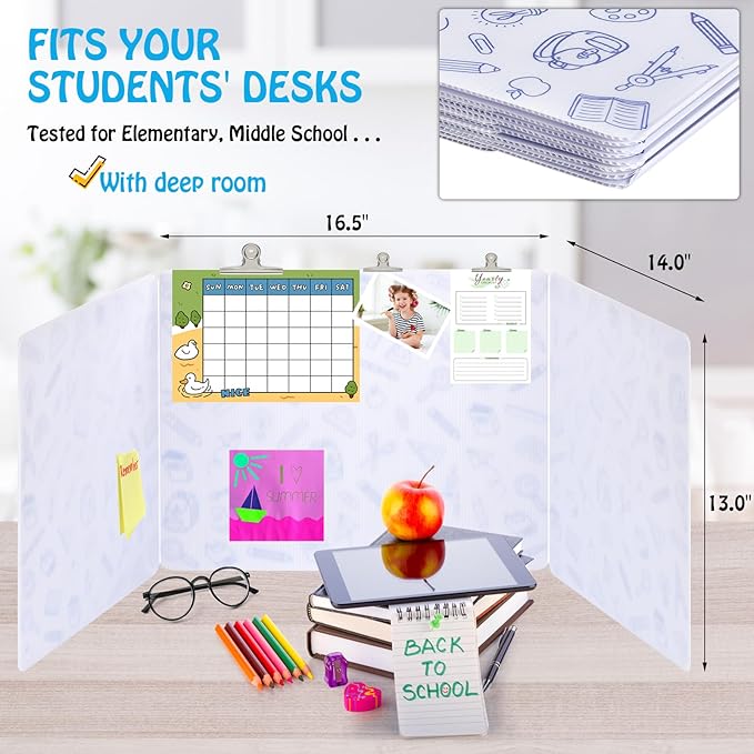 24 Pack Printing Privacy Floders for Student Desks - Durable Plastic Erasable - Testing Dividers for Classroom - Easy Clean Privacy Shields for Student - Includes Extra Labels White-DeskLoop Office