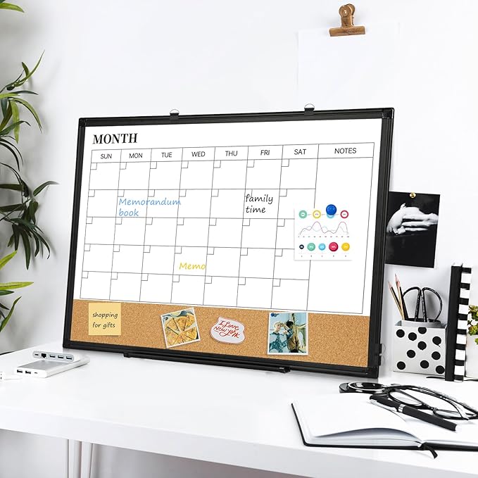 Dry Erase Calendar Board for Wall, 24"x18" Magnetic Whiteboard Calendar Double-Sided Monthly White Board with Cork Board, Black Aluminum Frame Memo Message Board for Office, Home, School-DeskLoop Office