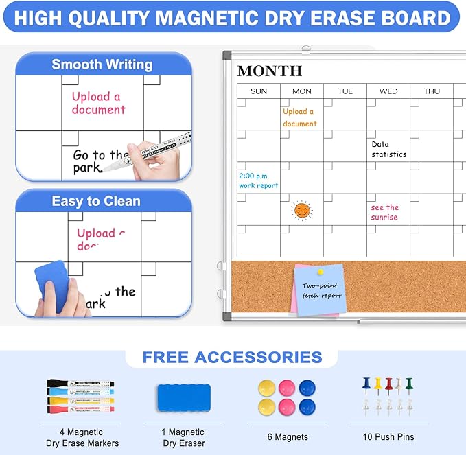 Monthly Calendar Whiteboard Dry Erase Cork Board Combo for Wall, 30" x 20" Magnetic Double-Sided Calendar White Board and Bulletin Board, Portable Board for Office, Kitchen, School, Home, Dorm-DeskLoop Office