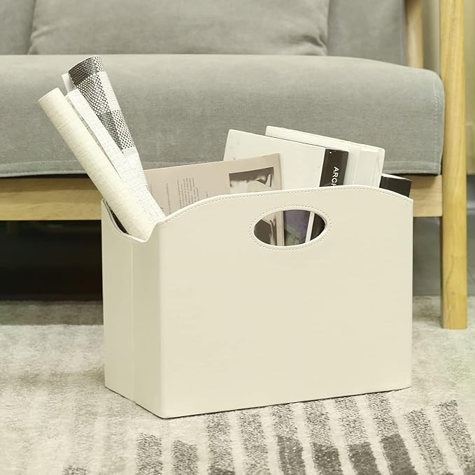 EZDeco Magazine Holder Foldable Magazine Rack Floor PU Leather File Holder Newspaper Book Storage Basket Document File Folder Organizer for Office Home (Off-white-2)-DeskLoop Office
