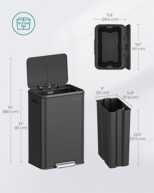 SONGMICS Kitchen Trash Can, 10.5-Gallon (40L) Garbage Can with Lid and Wide Foot Pedal, Soft Close and Stays Open, Black ULTB541B40-DeskLoop Office