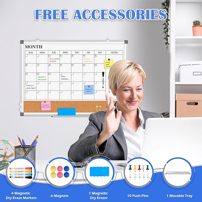 Monthly Calendar Whiteboard Dry Erase Cork Board Combo for Wall, 24" x 18" Double-Sided Calendar White Board and Bulletin Board, Portable Board for Office, Kitchen, School, Home-DeskLoop Office