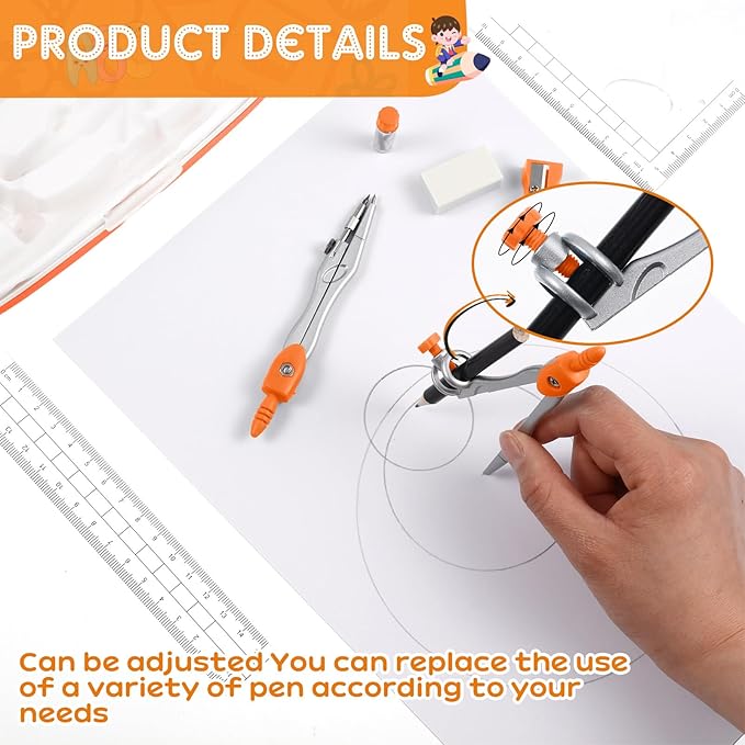 Teling 12 Sets Math Geometry Kit for Students 10 Pcs Compass Geometry Tools Set Includes Rulers Protractor Compass Eraser Pencil Sharpener Lead Refills Pencil (Orange)-DeskLoop Office