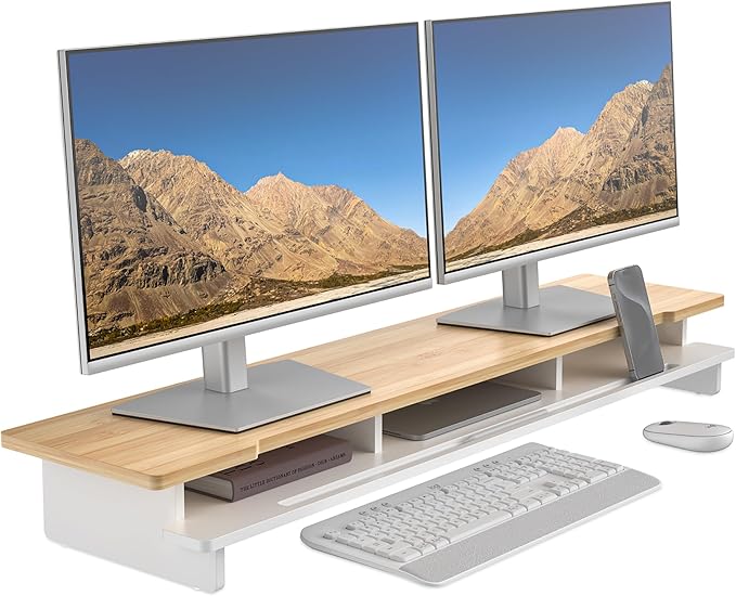 Monitor Stand Dual Monitor Stand Riser for Desk,Wood Desk Shelf Storage Organizer with Phone Tablet Holder (42.5 Inch, White & Natural Bamboo)-DeskLoop Office