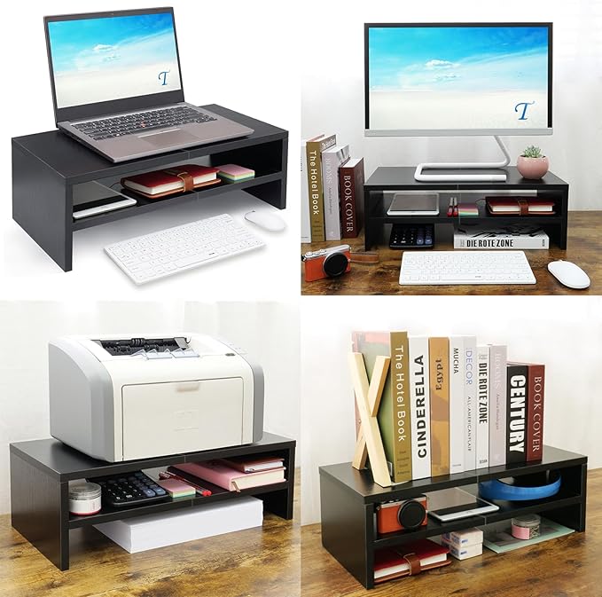 TEAMIX 2 Tiers Wooden Desktop Monitor Stand Riser 20 Inch Printer Stand with Double Storage Small TV Riser Laptop Keyboard Holder Business Desk Organizer Shelf Black Bookshelf-DeskLoop Office
