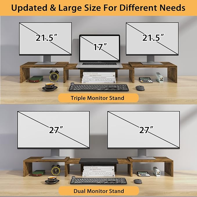 WESTREE Triple Dual Monitor Stand Riser, Extra Long Monitor Stand for 1~2~3 Monitors, Monitor Stand with Length and Angle Adjustable, 3 Shelf Desktop Storage Riser for Monitor Computer Screen Laptop-DeskLoop Office