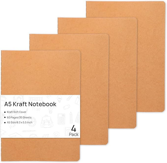 4 Pack Blank Kraft Notebooks, 8.3x5.5 Inches A5 Small Journals Bulk Blank Notebooks 80 Gsm Unlined with 60 Pages A5 Subject Notebooks Traveler Journal Set for Adult Students Back to School Supplies-DeskLoop Office