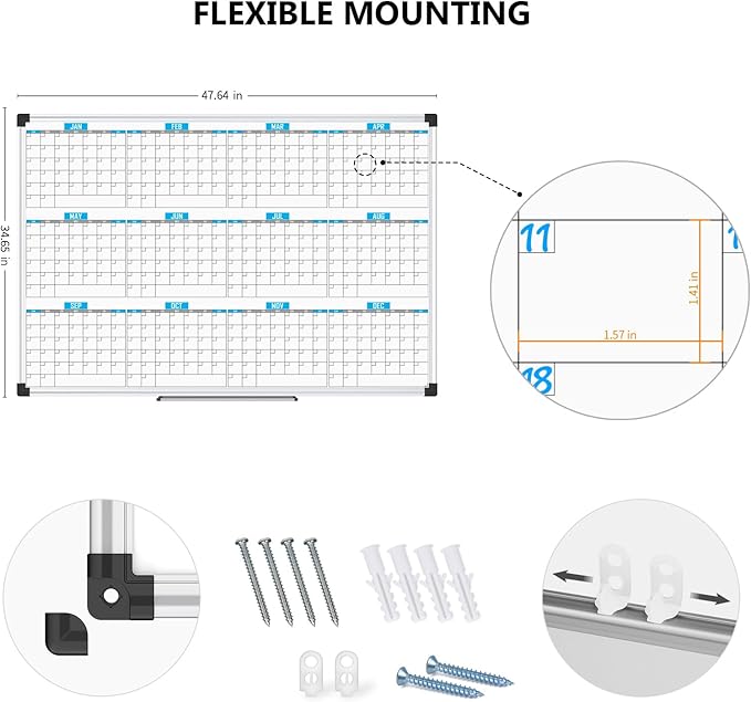 XBoard Magnetic Calendar Whiteboard 48" x 36", 12 Months Calendar Dry Erase Board, Silver Aluminium Framed White Board Planner for Home School Office Organization-DeskLoop Office