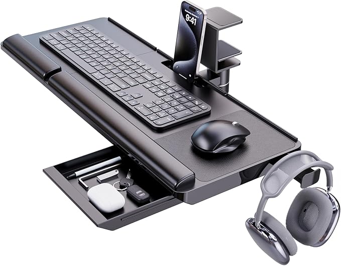 Klearlook Keyboard Tray Under Desk with 360° Rotation, Ergonomic Computer Keyboard & Mouse Tray 25"W×11.02"D Sit Stand Desk Keyboard Holder w/Wrist Rest & Storage Drawer (Height is not Adjustable)-DeskLoop Office