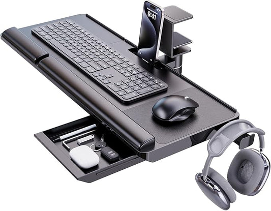 Klearlook Keyboard Tray Under Desk with 360° Rotation, Ergonomic Computer Keyboard & Mouse Tray 25"W×11.02"D Sit Stand Desk Keyboard Holder w/Wrist Rest & Storage Drawer (Height is not Adjustable)-DeskLoop Office