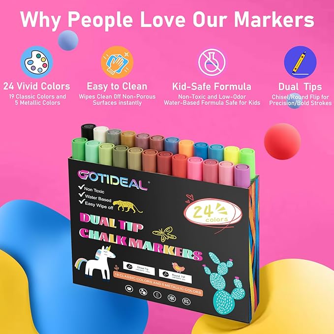 GOTIDEAL Chalk Markers Dual Tips,Erasable Liquid Chalk Marker for Blackboard,Washable Chalk Pens for Auto,Car,Glass,Mirror,Chalkboard,Window markers,24 Colors Chalk Board Markers with Metallic Colors-DeskLoop Office