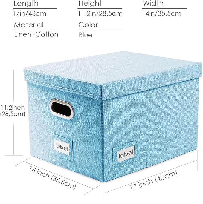 PRANDOM File Organizer Box - Set of 4 Collapsible Decorative Linen Filing Storage Hanging File Folders with Lids Office Cabinet Letter/Legal Size Blue 17.1x14x11.1 inch-DeskLoop Office