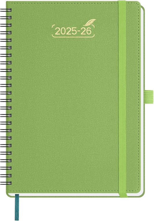 BEZEND Weekly Planner 2025-2026 with 2 Columns, 5.8" x 8.5" Academic Calendar 18 Months (Jul 25-Dec 26) Life Work Appointment Book with Monthly Tab, PU Leather Softcover Spiral - Fruit Green-DeskLoop Office