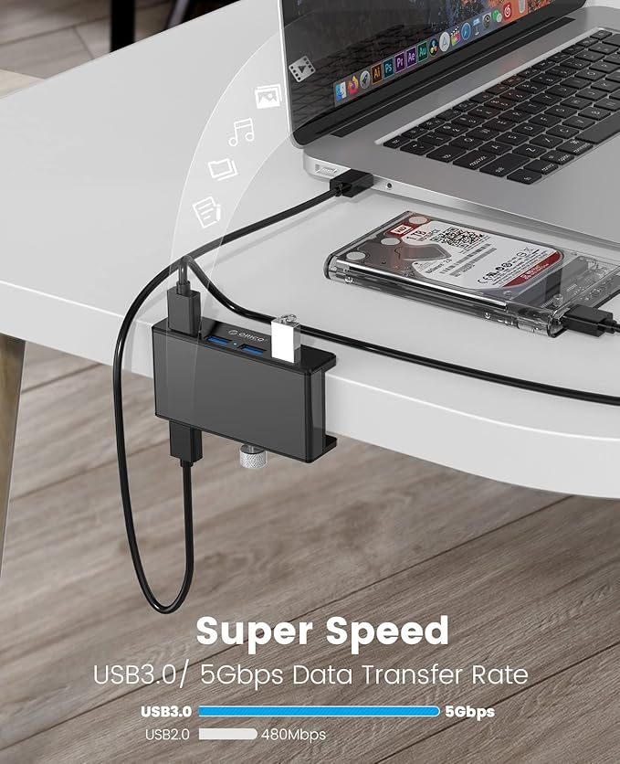 ORICO USB 3.0 Hub, USB Hub Clamp, Aluminum 4-Port USB Splitter with 4.92 FT USB Data Cable, Desktop Powered USB Hub for Monitors/Desks-Black (Without Power Adapter)-DeskLoop Office