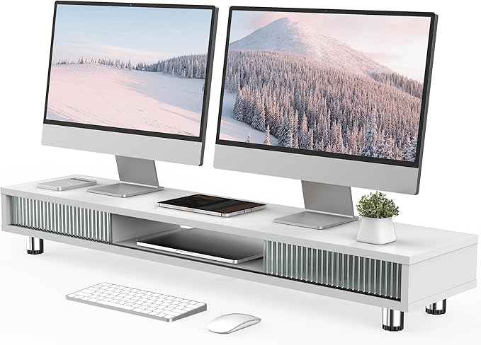 Fenge Dual Monitor Stand, 42.5inch Long Monitor Stands Riser for 2 Monitors, Sliding Door with Storage Organizer Stand for Desk, 2 Tier Desk Shelf for Laptop, Pc, Printer, Computer, TV-DeskLoop Office