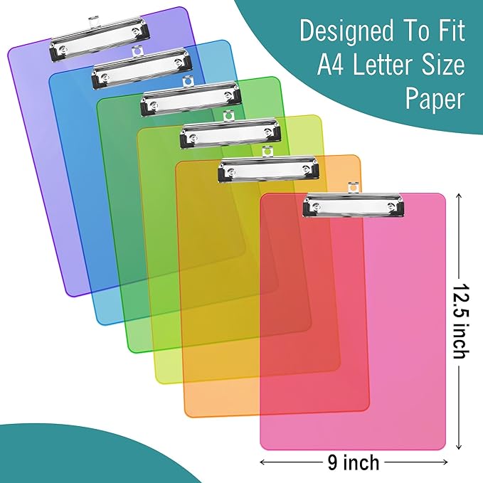 Plastic Clipboards, 6 Assorted Colors Transparent Clip Boards, A4 Letter Size 12.5 x 9 Inch, Low Profile Clip, Office, School Supplies for Students, Teachers, Nurses-DeskLoop Office