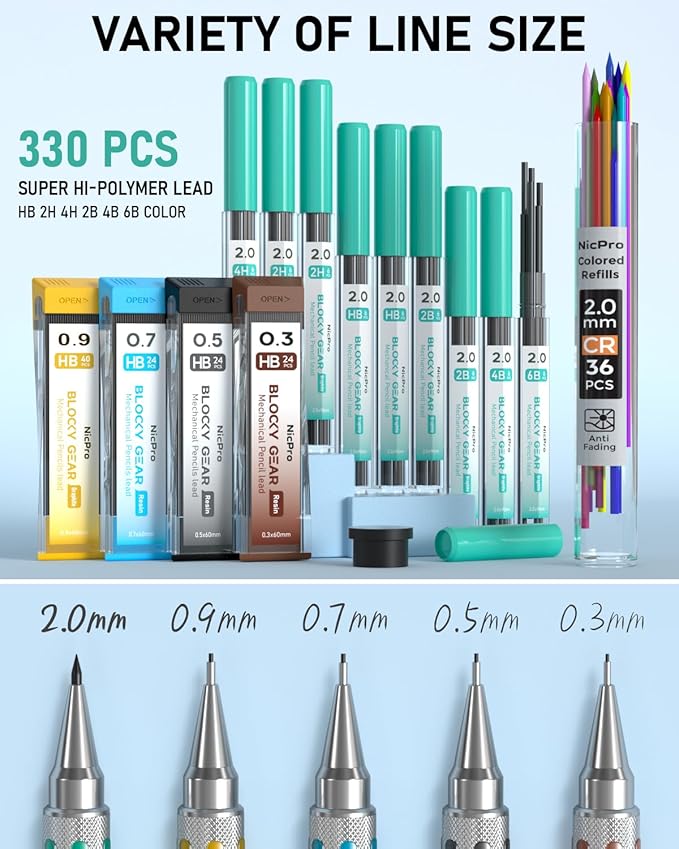 Nicpro Blocky Gear Metal Mechanical Pencil Set in Leather Case, 29PCS Art Drafting Pencils 0.3, 0.5, 0.7, 0.9&2mm Lead Pencil with 330PCS Lead (HB 2H 4H 2B 4B 6B Color) For Writing Sketching Drawing-DeskLoop Office