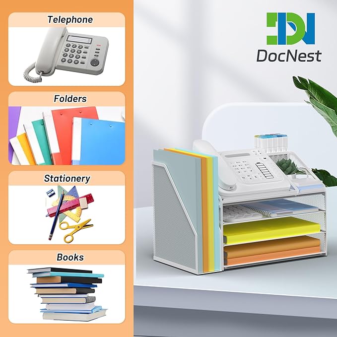 DocNest 4 Tier Paper Letter Tray File Organizer, Mesh Desk File with Handle, Workspace Desk Organizers with Pen Holder, Office Organization Storage Accessories - White-DeskLoop Office