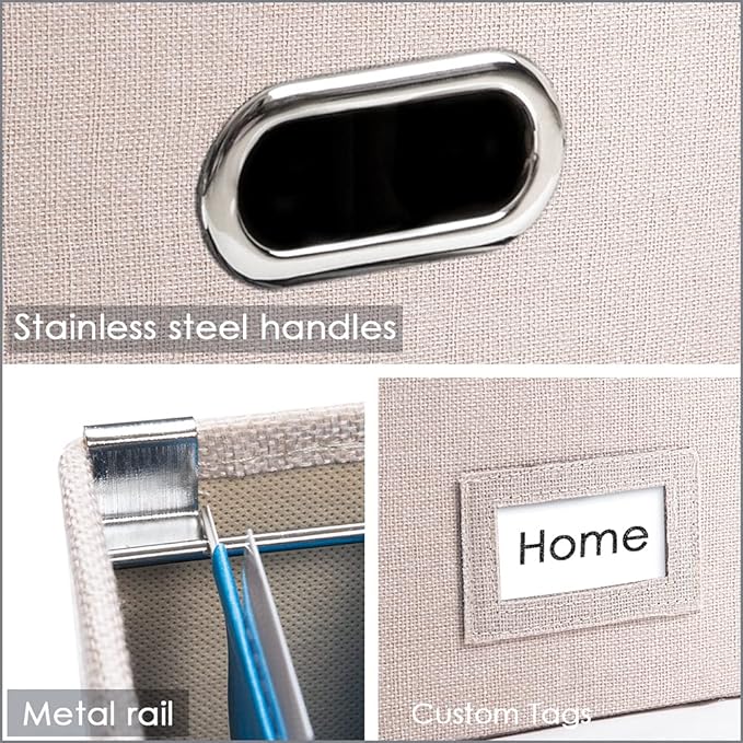 PRANDOM File Organizer Box - Set of 4 Collapsible Decorative Linen Filing Storage Hanging File Folders with Lids Office Cabinet Letter Size Light Grey (14x9.3x10.8 inch)-DeskLoop Office