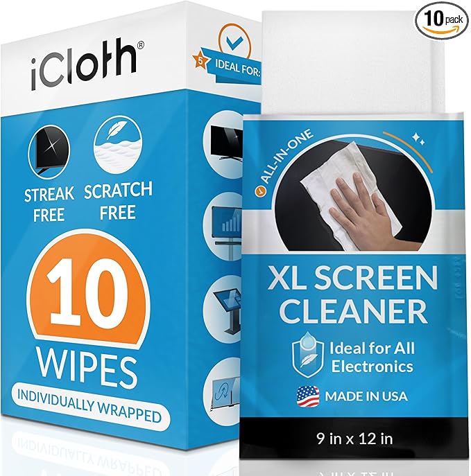 iCloth XL Screen Cleaning Wipes, Lint-Free and Streak-Free, Fast-Drying, Removes Dust, Fingerprints, and Smudges (10 XL Wipes)-DeskLoop Office