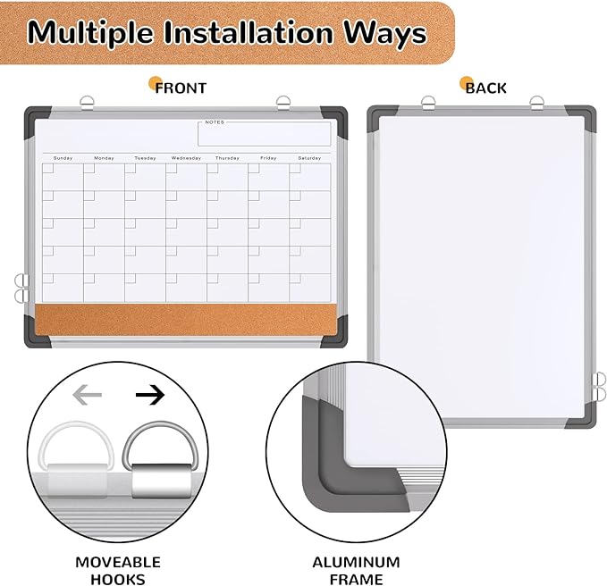 Monthly Calendar Whiteboard Dry Erase Cork Board Combination for Wall, 17"x13" Magnetic Dry Erase Board, Double-Sided White Board, Portable Board for Office, Kitchen, Planning, Memo, School, Home-DeskLoop Office