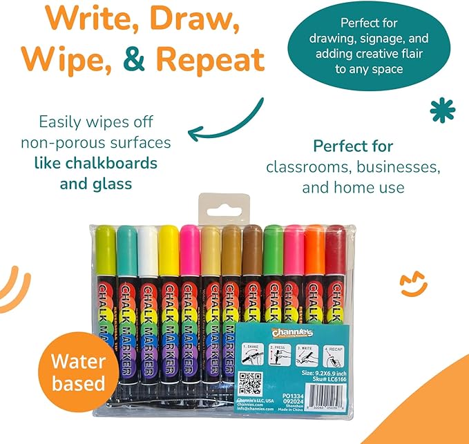 Channie's Liquid Chalk Markers, 24 Vibrant Colors, Dual-Tip Reversible Chisel & Round Tips, Works on Chalkboards, Glass, Mirrors & More, Easy to Wipe Off, Includes Labels & Tweezers-DeskLoop Office