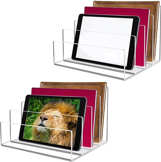 Acrylic Desk File Organizer 2 Pack, 4 Section Letter Organizer, Clear Folder Holder, Desktop File Holder for Document, Notebook and Newspaper, Clear Desk Storage Rack for Home and Office Use-DeskLoop Office