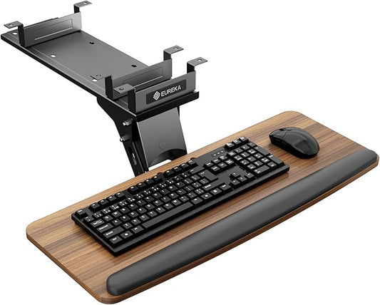 EUREKA ERGONOMIC Keyboard Tray Height Adjustable, Swivel Tilt Computer Keyboard Drawer Under Desk, 25x9.13'' Sliding Keyboard & Mouse Platform with Mouse Pad for Typing, Walnut-DeskLoop Office