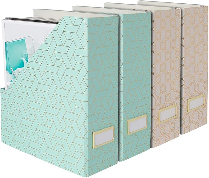 BLU MONACO Set of 4 Foldable Cute Magazine File Holders with Gold Label Holders – 2 Pink & 2 Aqua with Fun Gold Geometric Patterns – Stylish & Durable Magazine Storage for Home & Office-DeskLoop Office