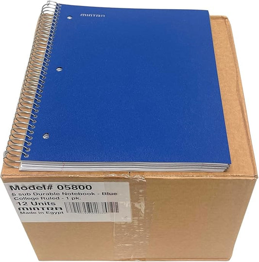 Mintra Office Durable Spiral Notebooks, 5 Subject (Blue, College Ruled 12pk)-DeskLoop Office
