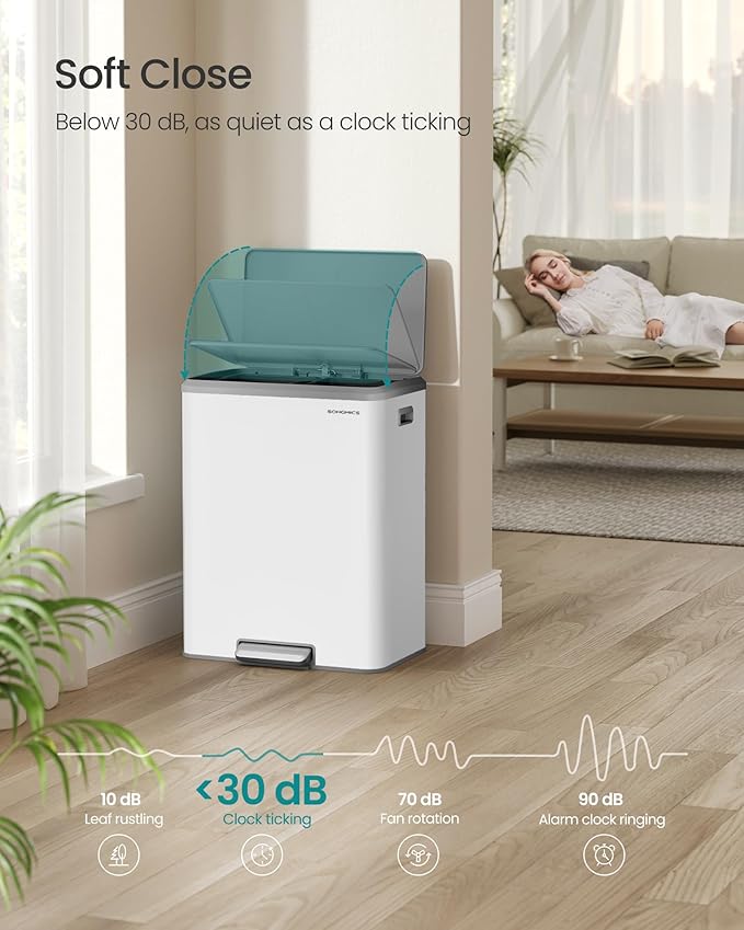 SONGMICS Trash Can, 2 x 8 Gallon (2 x 30 L) Double Garabge Can for Recycling and Waste, Stainless Steel, Soft-Close Lid, Inner Buckets, Wide Sturdy Pedal, Cloud White ULTB556W01-DeskLoop Office