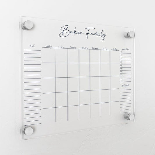 Personalized Clear Acrylic Calendar for Wall, Calendar Whiteboard for Wall, Dry Erase Wall Calendar, Wall Calendar Organizer System for Home (Cursive, Navy, 14"W x 11"H)-DeskLoop Office