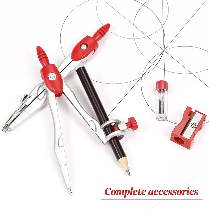 Math Geometry Kit Sets 10 Piece Student Supplies with Shatterproof Storage Box,Includes Rulers,Protractor,Compass,Eraser,Pencil Sharpener,Lead Refills,Pencil,for Drafting and Drawings(Red)-DeskLoop Office