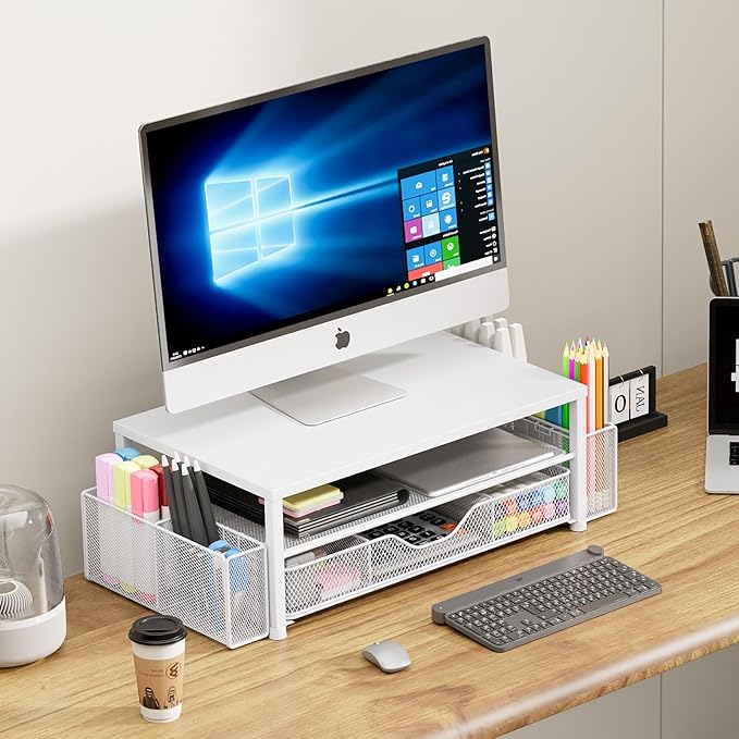 Desk Organizers and Accessories, 2-Tier Computer Monitor Stand Riser with Drawer and 2 Pen Holders, Laptop Stand, Office Desk Accessories for Office Supplies, White-DeskLoop Office