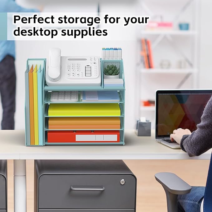 DocNest 5 Tier Paper Letter Tray File Organizer, Mesh Desk File with Handle, Workspace Desk Organizers with Pen Holder, Office Organization Storage Accessories - Blue-DeskLoop Office