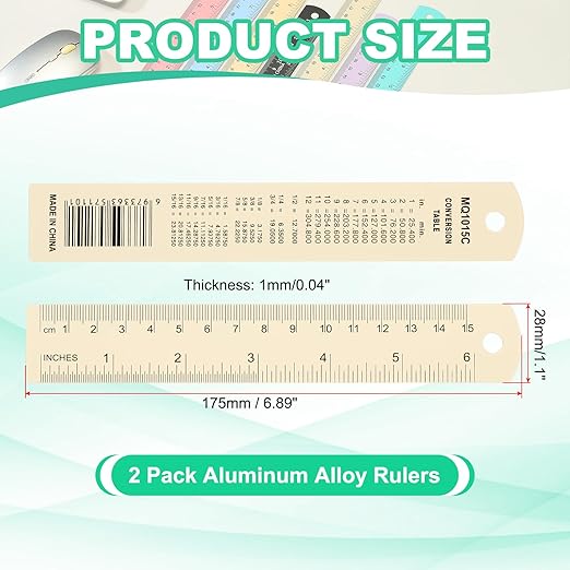 PATIKIL 15cm/6" Metal Ruler, 2 Pack Aluminum Alloy Rulers with Centimeters, Millimeters, Inches and Conversion Table Straight Edge Ruler for Writing Machinist Drafting, Yellow-DeskLoop Office