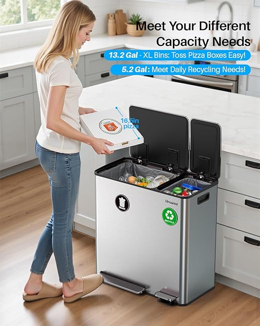 Dual Trash and Recycling Bins for Kitchen, 13.2 + 5.2 Gal (50+20L) Stainless Steel Trash and Recycle Bin Combo with Soft-Close Lid, Large Garbage Cans for Kitchen Home with 2 Magnets Sticker, Silver-DeskLoop Office