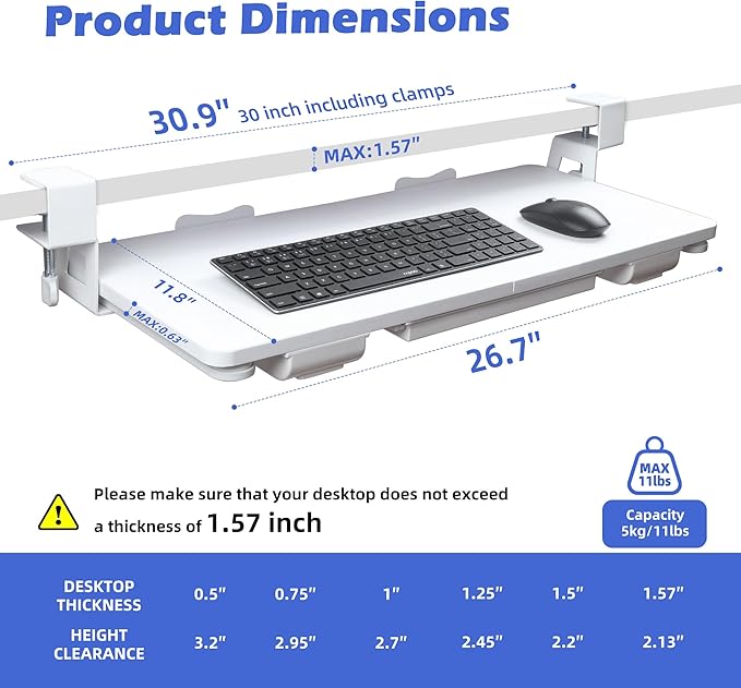 Keyboard Tray Under Desk with Drawer,26.77" X 11.81"Large Size Keyboard Tray with C Clamp-on Mount, Easy to Install, for Home Office (White)-DeskLoop Office