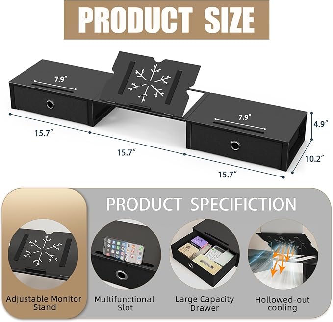 WESTREE Monitor Stand Riser with Adjustable Laptop Stand Riser, Steel Frame Dual Monitor Stand with Two Drawers for 2 Monitors, Desktop Oraganizer Stand for Computer,Laptop,Screen-DeskLoop Office