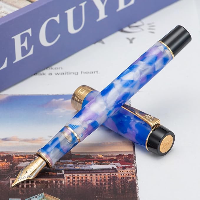 Jinhao 100 Fountain Pen Celluloid Classic Style, #6 Nib Smooth Writing Instrument with Refillable Converter and Pen Case Set-DeskLoop Office