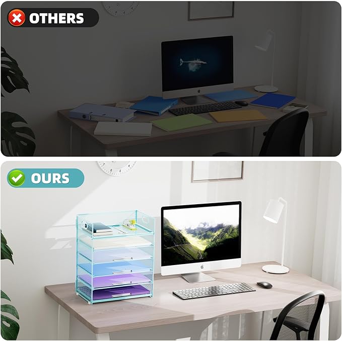 Marbrasse 2 Pack Desk Organizer with Handle, 6 Tier Paper Letter Tray, Mesh Desk File Organizer for Office, School and Home - Blue-DeskLoop Office