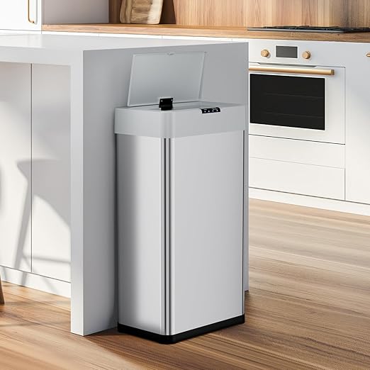 AthLike Sensor Trash Can, Touchless Motion Sensor Trash Bin, Smart Automatic Garbage Can with Soft-Close Lid, Bag Retainer Ring and Display Light,for Kitchen,Living Room Office (Silver, 18.5 Gal)-DeskLoop Office