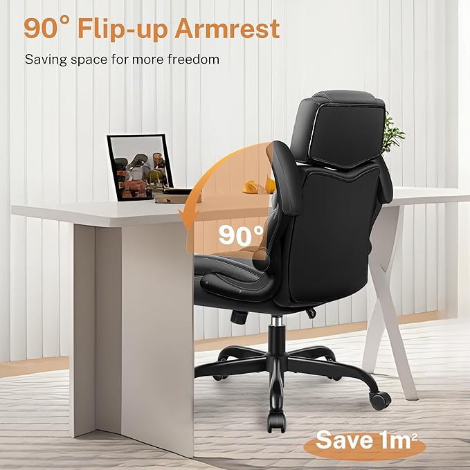 Office Chair Flip Up Arms, Executive Leather Office Chair Ergonomic Desk Chair with Lumbar Support, Adjustable Headrest, Computer Chair Home Office Desk Chair with Rocking Function-DeskLoop Office