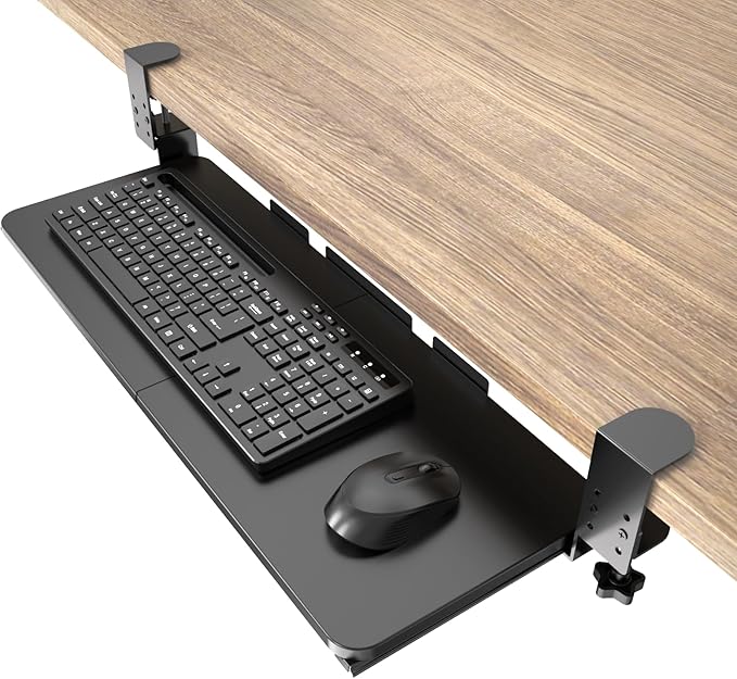 Ergonomic Keyboard Tray Under Desk Pull Out with Adjustable C-Clamp Mount, Slide-Out Computer Keyboard and Mouse Platform Drawer for Office and Home Typing (Black)-DeskLoop Office