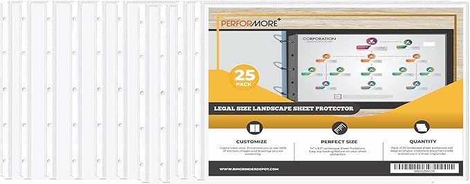 PERFORMORE 25 Pack of 8.5ā x 14ā Heavyweight Landscape Sheet Protectors, Legal Paper Sleeves, Clear Archival Quality, Horizontal Legal Size Clear Sheet Protectors for Binders Documents