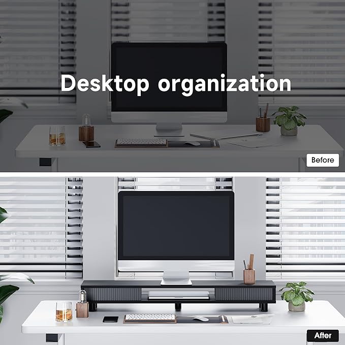 Fenge Dual Monitor Stand, 42.5inch Long Monitor Stands Riser for 2 Monitors, Sliding Door with Storage Organizer Stand for Desk, 2 Tier Desk Shelf for Laptop, Pc, Printer, Computer, TV-DeskLoop Office