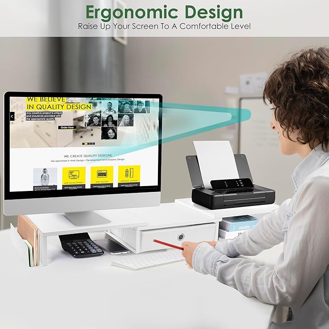 Dual Monitor Stand Riser w/ Drawer & Metal Leg, Large White Computer Monitor Riser w/ Storage For 2 Screens, Desk Shelf w/ Adjustable Length & Angle, Desktop Organizer-DeskLoop Office