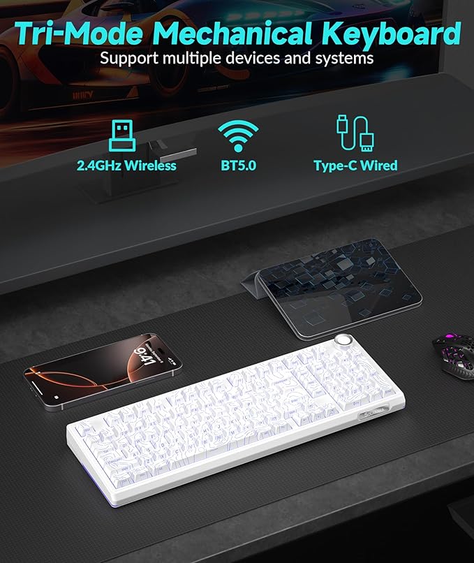 KI99 Pro 96% Wireless Mechanical Keyboard, RGB Gaming Keyboard, Hot-Swappable Pre-Lubed Switches, Gasket Structure Creamy Keyboards for Gamer/PC/Laptop (White)-DeskLoop Office