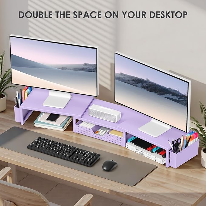 Purple Desk Organizers and Accessories, Dual Computer Monitor Stand Riser with Drawer and 2 Pen Holders, Office Desk Accessories, Workspace Desktop Organization for Office Supplies-DeskLoop Office