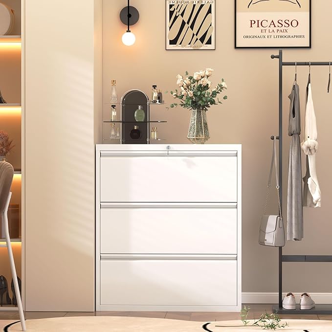 Superday Lateral File Cabinet 3 Drawer Metal File Cabinet with Lock, White Filing Cabinets for Home Office, Locking Filing Cabinets Hanging Files Letter/Legal/F4/A4-DeskLoop Office